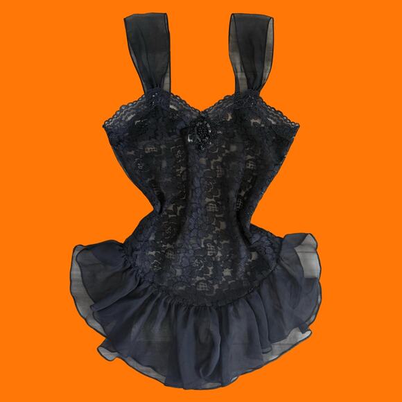 90's vintage black floral lace sheer lingerie slip dress SMALL - Picture 1 of 8